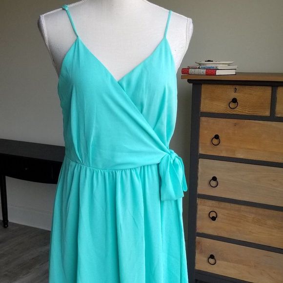 buttons Dresses & Skirts - Buttons Aqua Faux Wrap Dress Ties at Hip in Size Large